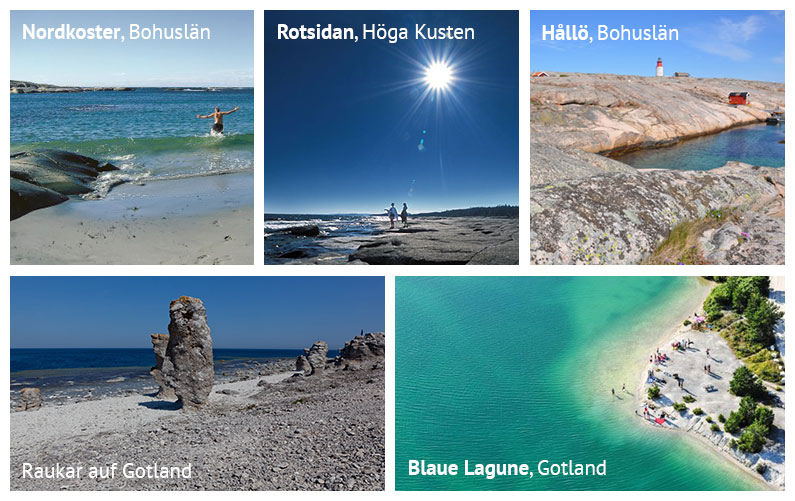 Strände in Schweden: Nordkoster und Hållö in Bohuslän, Rotsidan in der Region Höga Kusten, sowie die Blaue Lagune und ein Strand mit Raukar auf Gotland