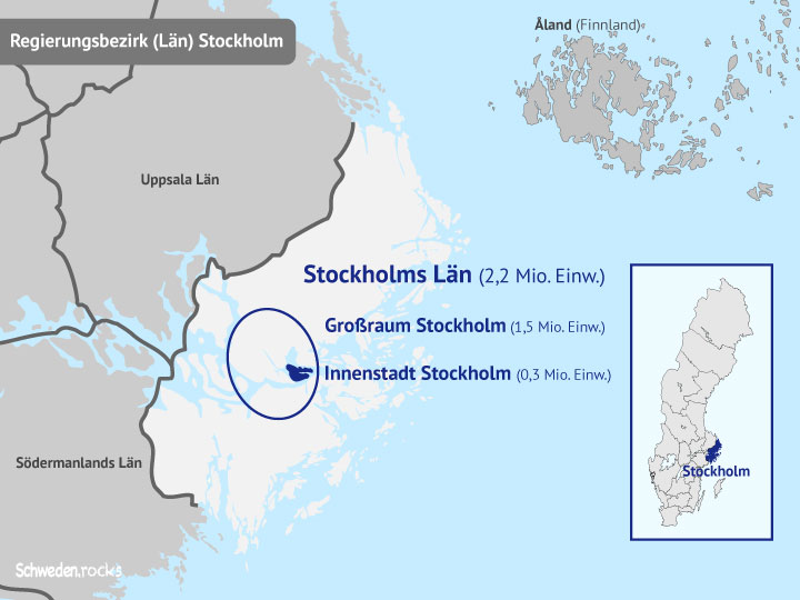 Stockholms län: Karte vom Regierungsbezirk und Großraum Stockholm