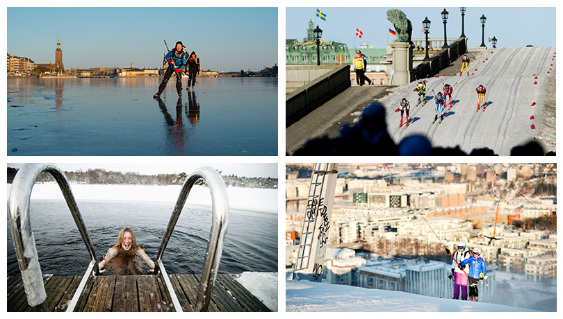 Wintersport in Stockholm: Eisbaden, Eislaufen, Schlittschuhlaufen, Langlauf , Ski-Abfahrt und Snowboard am Hammarbybacken.