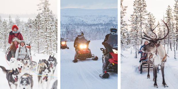 Schneemobil, Hundeschlitten und Rentierschlitten im Winter in Schweden